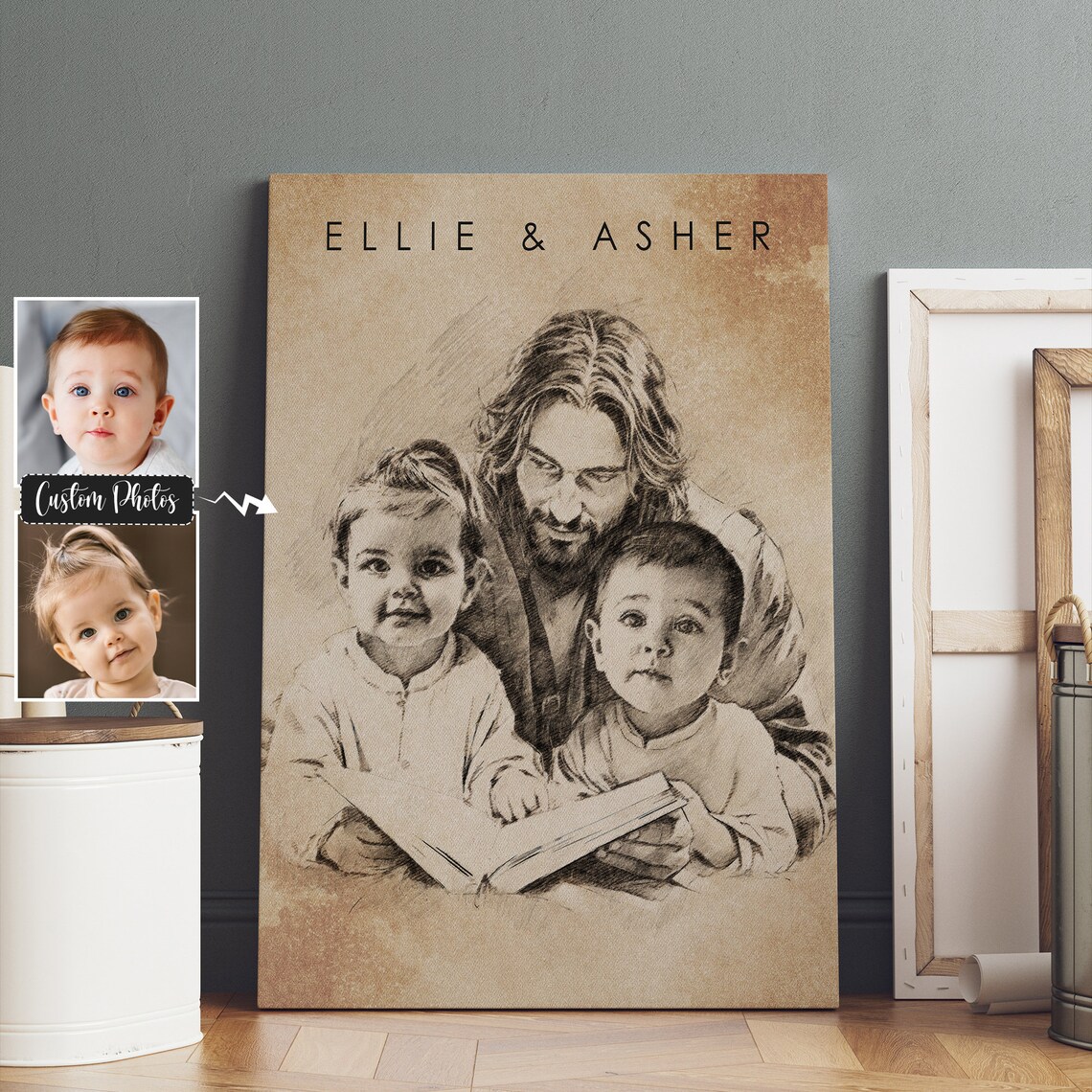 Jesus Reading with Two Children in Warm Sepia Pencil Sketch Canvas Poster - Image 6