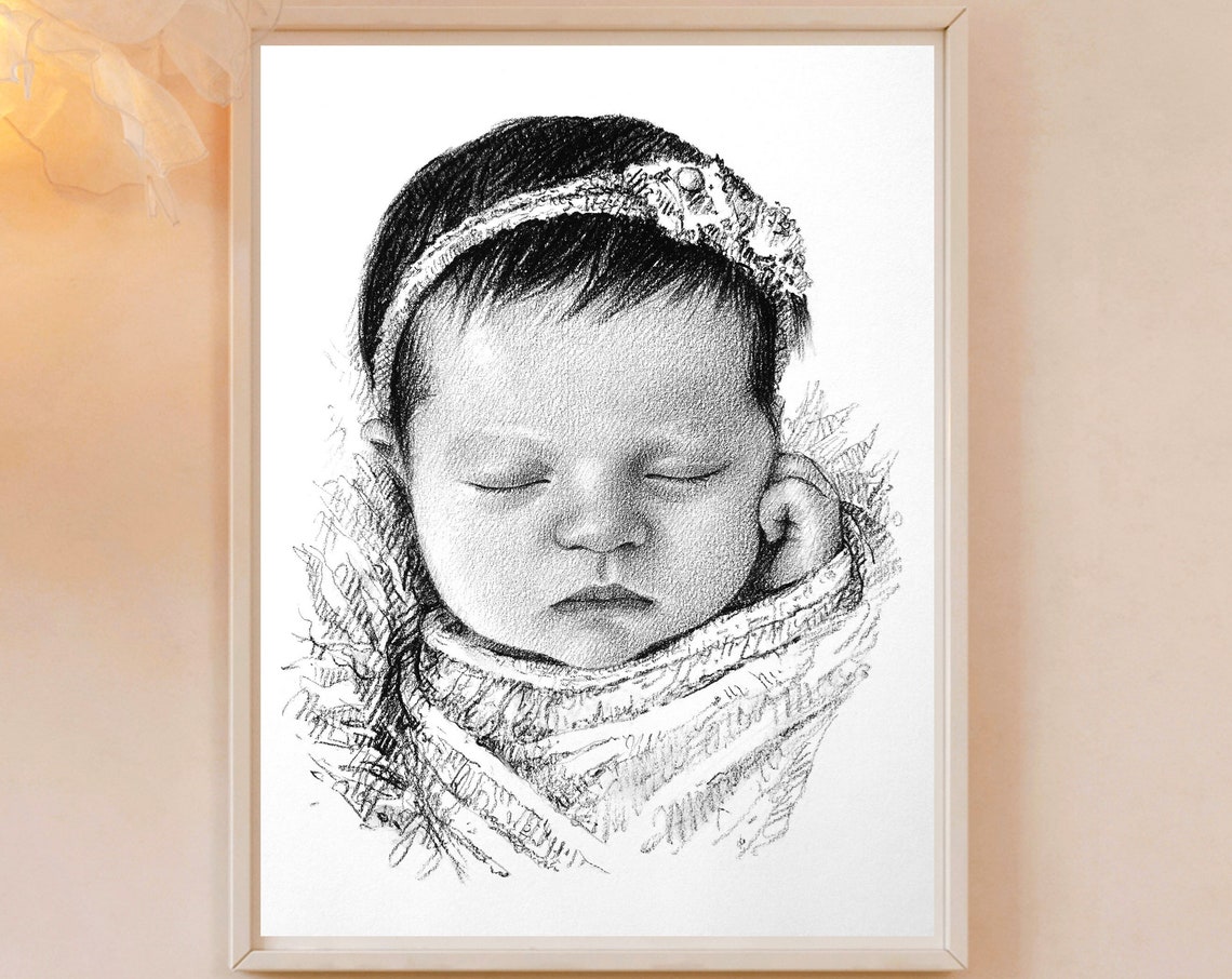 Sleeping Newborn With Headband Custom Pencil Portrait Sketch Print