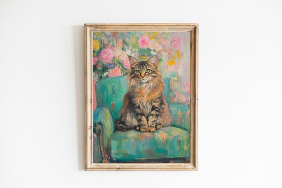 Siberian Cat On Teal Chair Floral Oil Painting Pet Portrait Poster