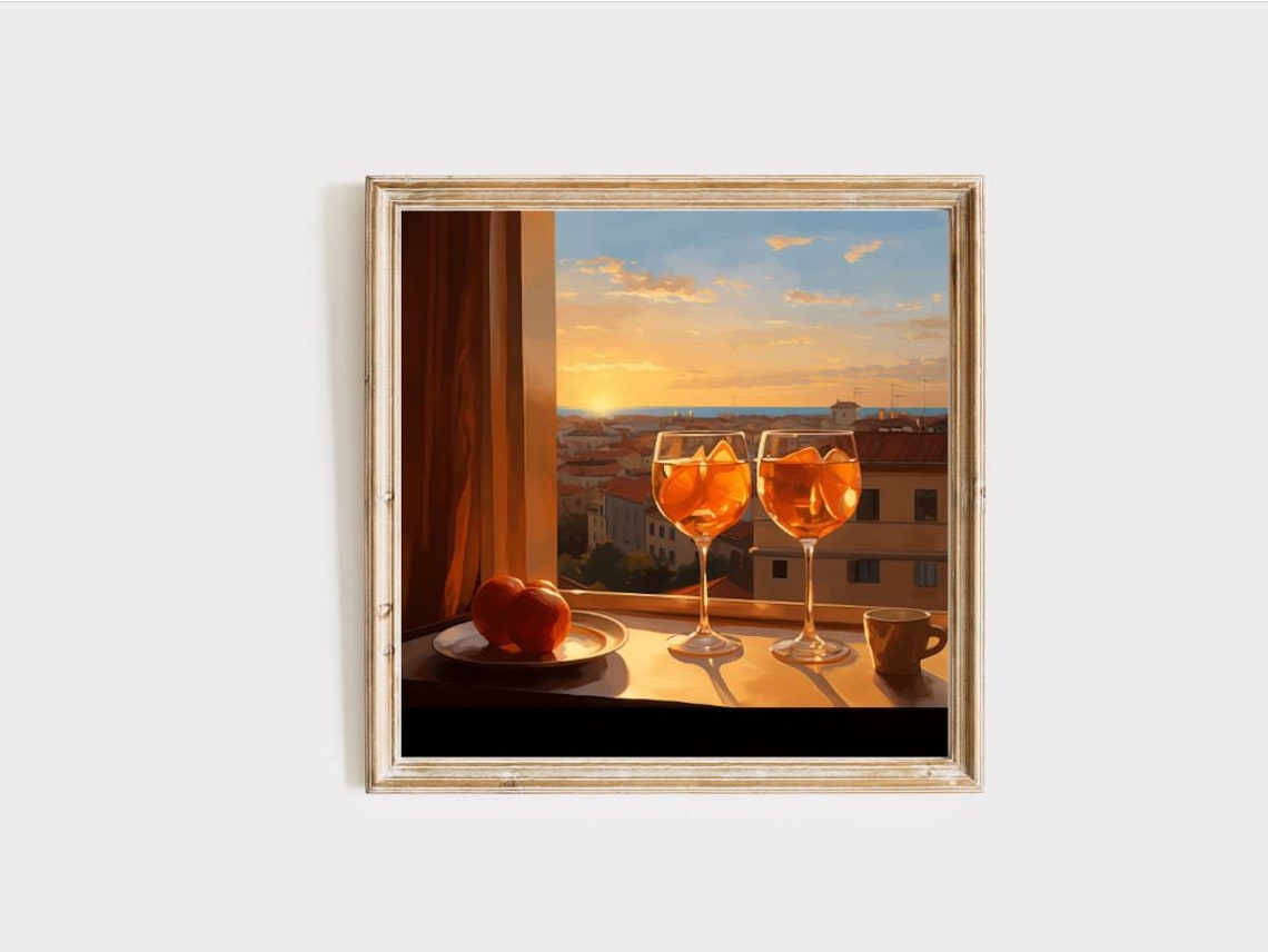 Aperol Spritz Glasses Sunset Window Coastal Italy Painting Poster