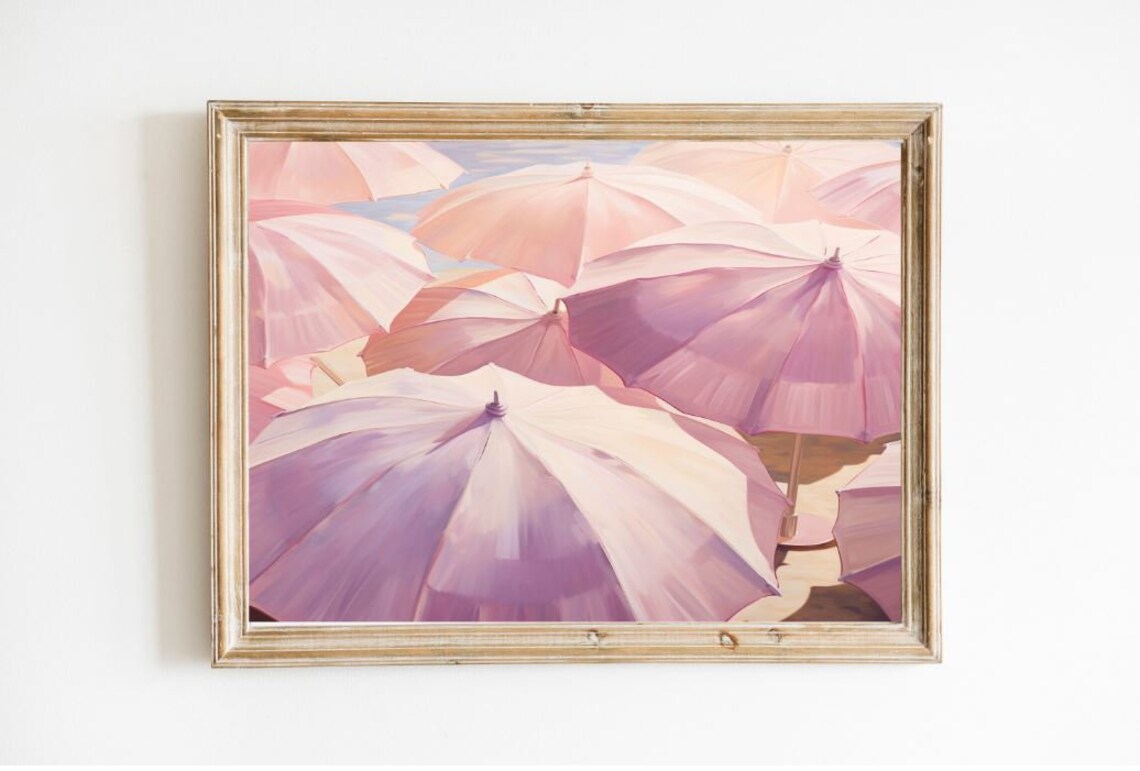 Charming Pastel Pink Beach Umbrellas Lazy Summer Painting Poster