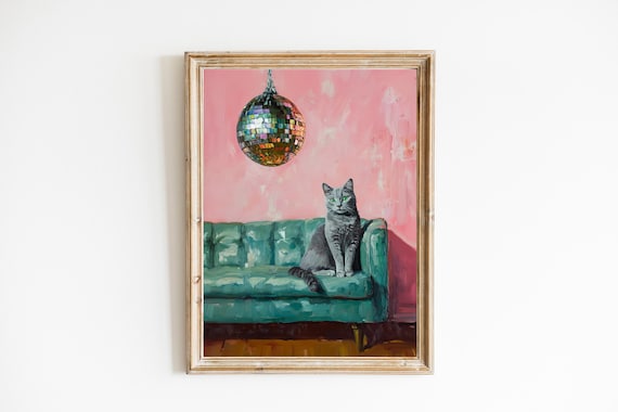 Russian Blue Cat With Disco Ball Quirky Whimsical Cat Painting Art Poster