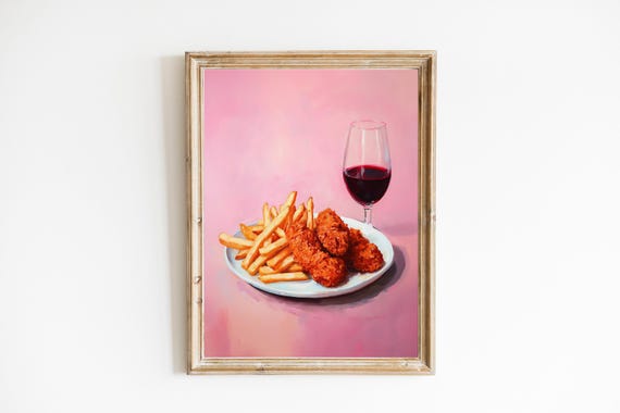 Chicken Fingers And Red Wine Art Print Cute Quirky Whimsical Cocktail Bar Cart Decor Funny Food Trendy Home Wall Gift