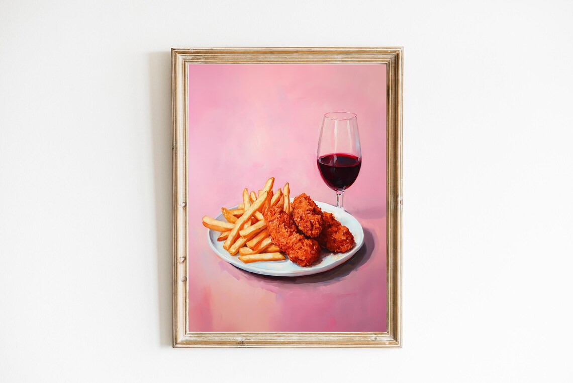 Chicken Tenders Fries and Red Wine Funny Food Still Life Wall Art