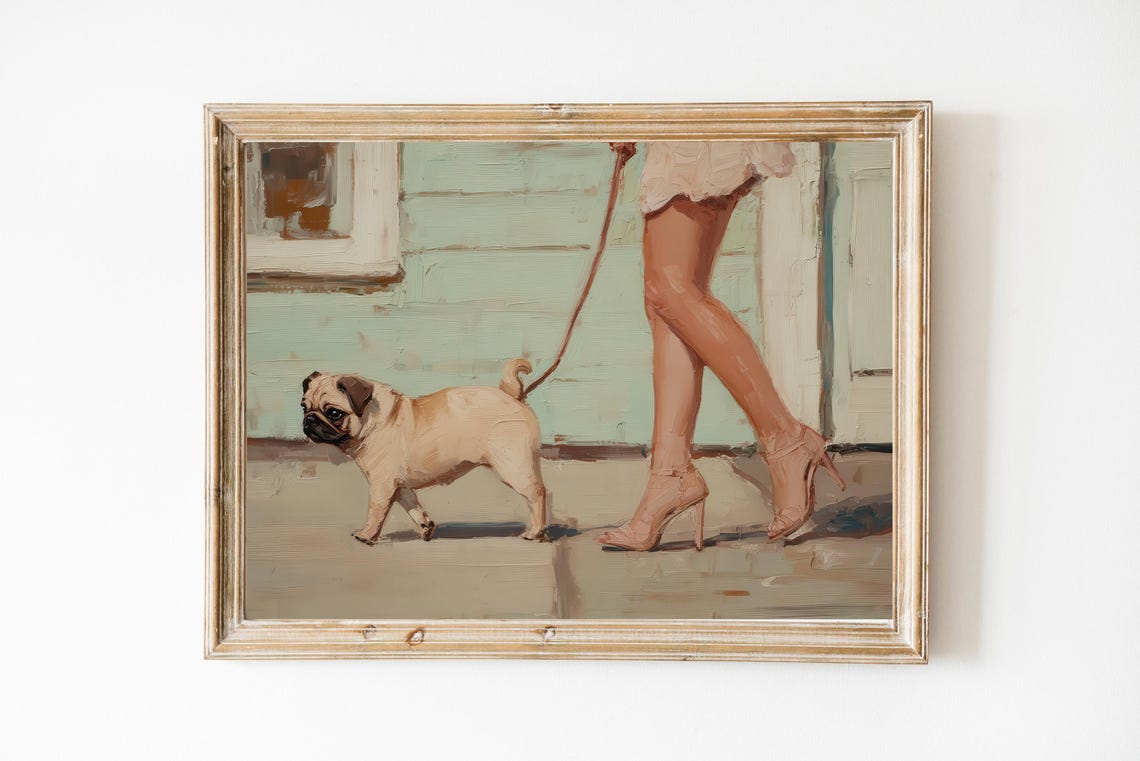 Pug Dog Walking on Leash Impressionist Street Scene Art Poster