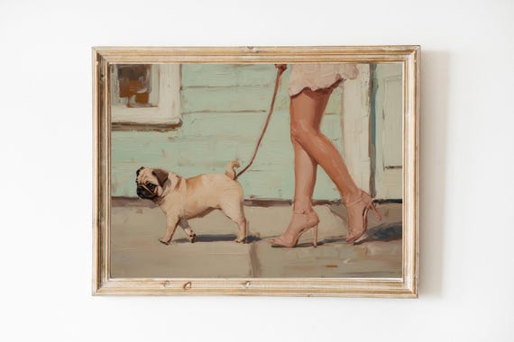 Pug On City Walk Fine Art Print Dog Wall Girly Pink Cute Quirky Whimsical Mom Gift Trendy