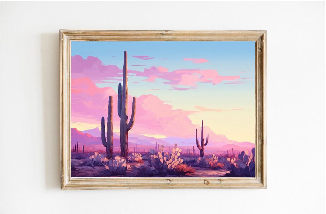 Pink Sunset Desert Landscape With Saguaro Cactus Oil Painting Poster