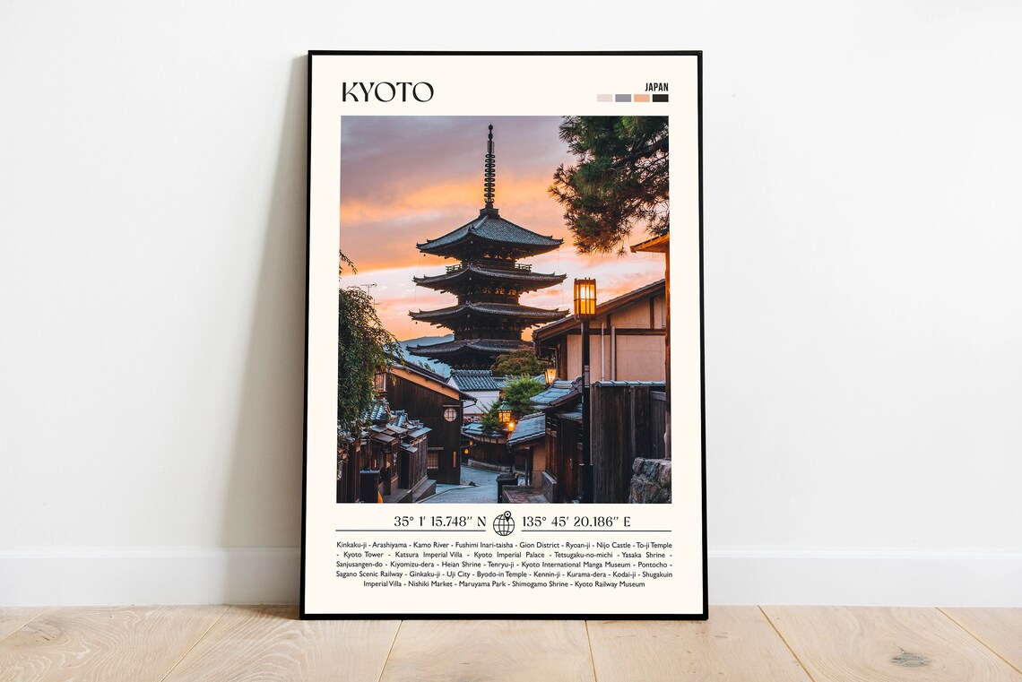 Kyoto Japan Photo Travel Poster Pagoda Temple at Sunset with Lanterns