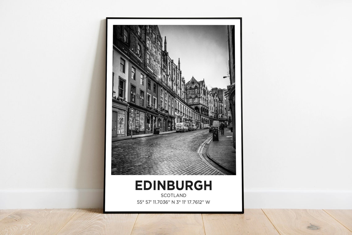 Edinburgh Scotland Cobblestone Street Black and White Photo Poster