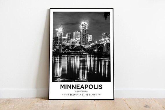 Minneapolis Minnesota Black and White Night Skyline Travel Poster