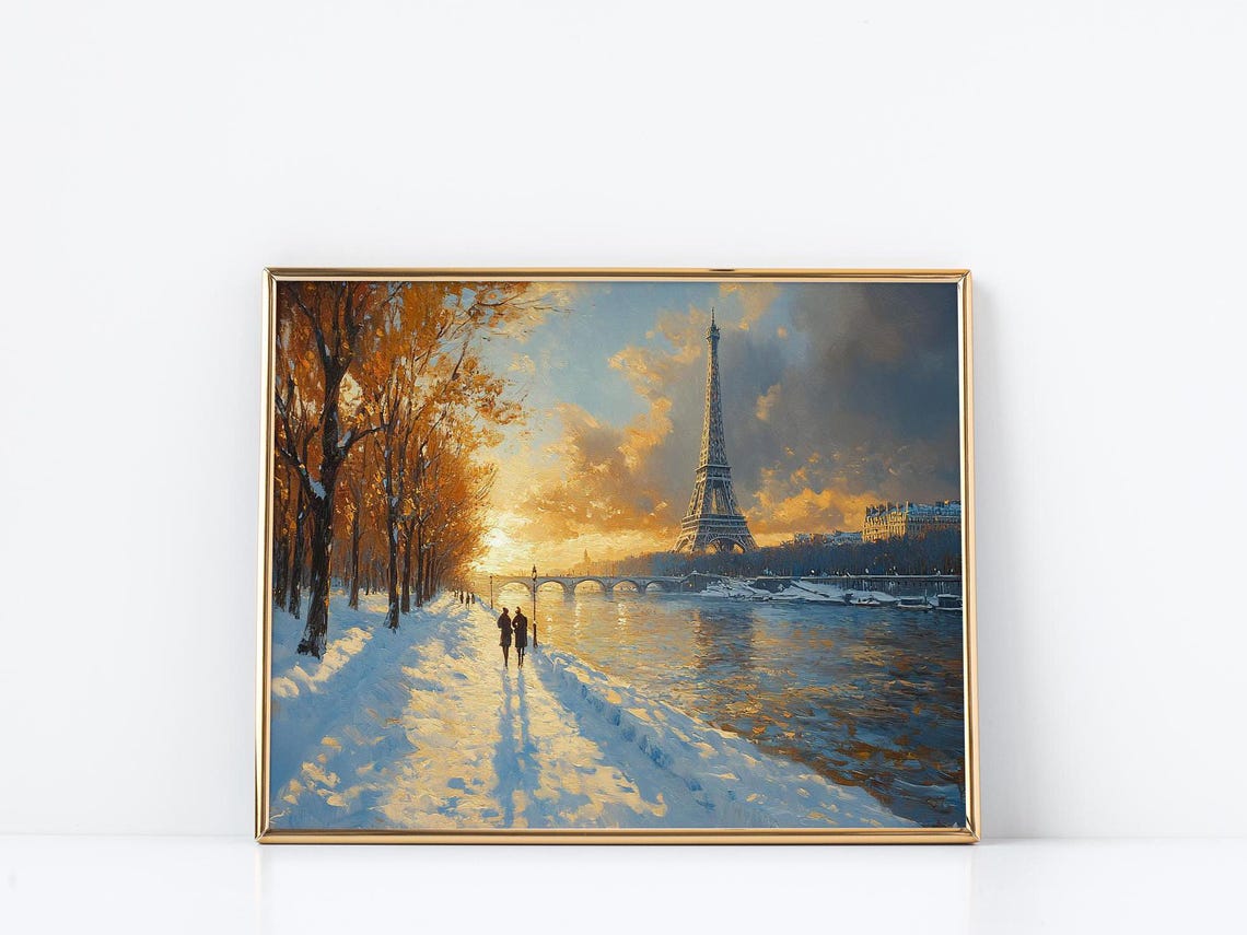 Seine Riverbank Sunset Winter Eiffel Tower Paris Golden Poster