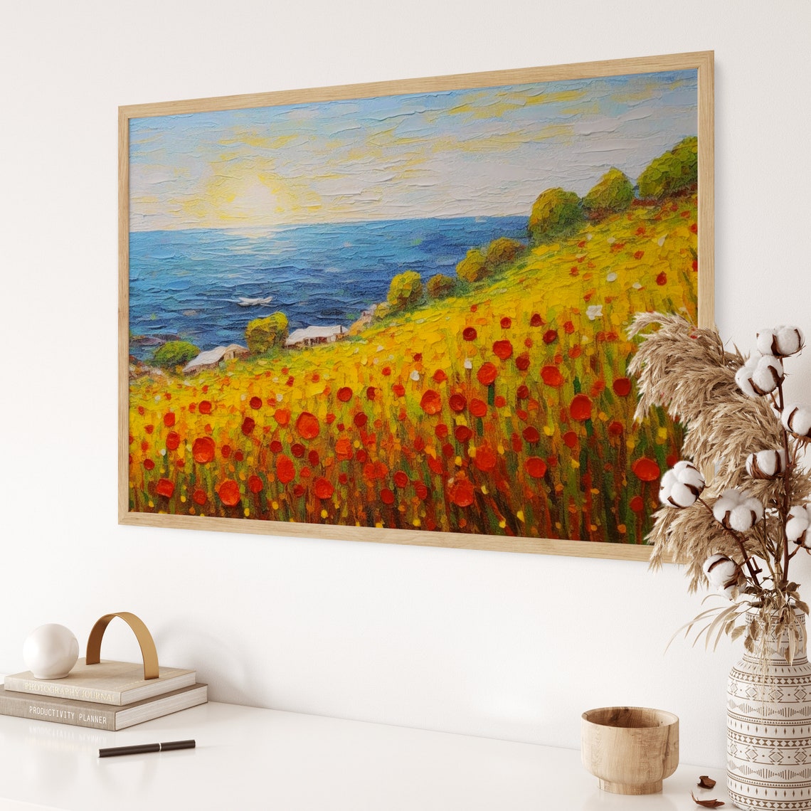 Red Painting Of Yellow Flowers Near The Ocean In The Style Of Impressionist Landscapes Colorful Wall Art Oil Painting - Image 3