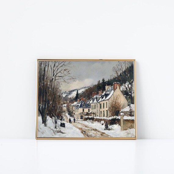 Charming French Village Winter Street Stone Houses Snow Scene Poster