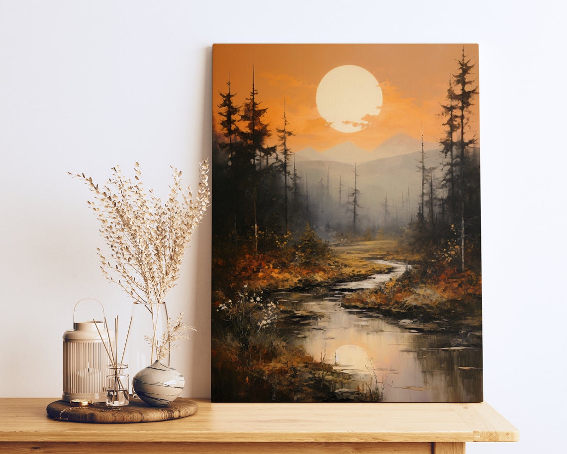 Sunset Pine Forest Misty Stream Reflection Moody Landscape Poster