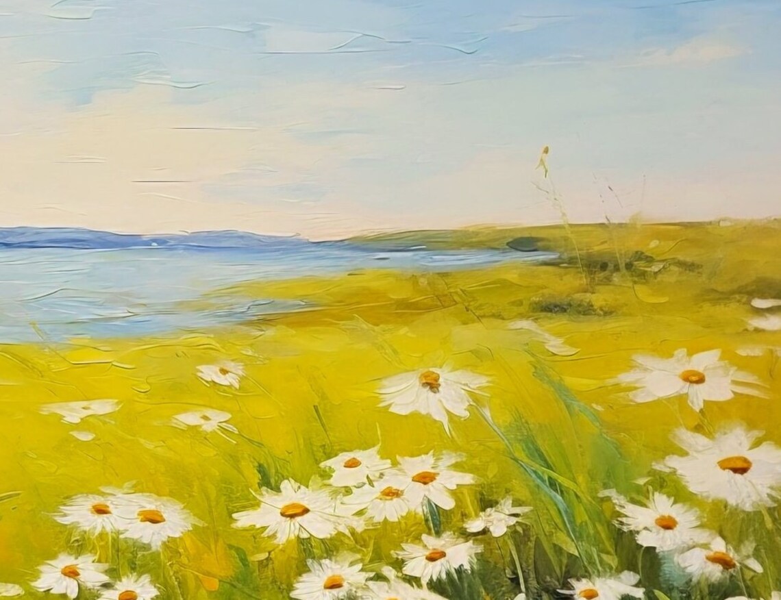White Daisies Meadow Painting Yellow Field Lake Landscape Poster - Image 2