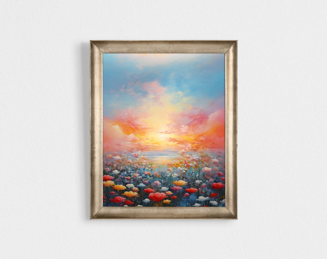 Sunset Wildflower Field Ocean Horizon Pastel Sky Landscape Poster - Image 2