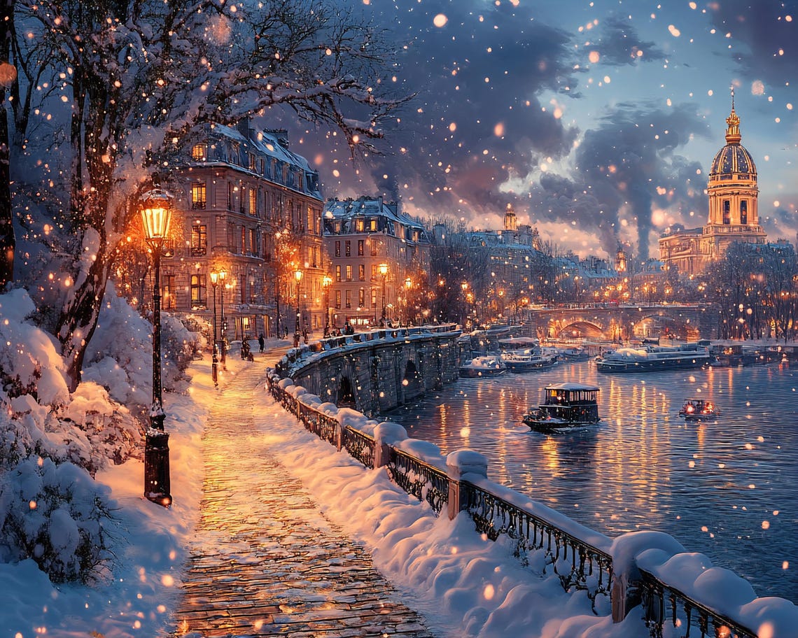 Paris Seine Quay Snowy Night Dome and Glowing Lamplights Poster - Image 3