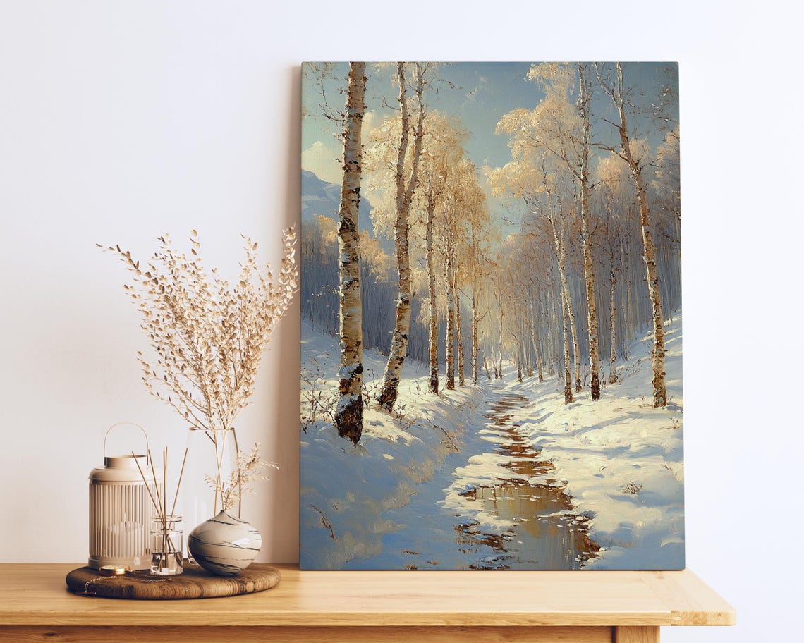 Birch Forest Winter Stream Path Ethereal Snow Light Art Poster - Image 2