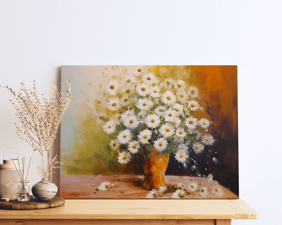 White Daisies Terracotta Vase Warm Rustic Floral Painting Poster