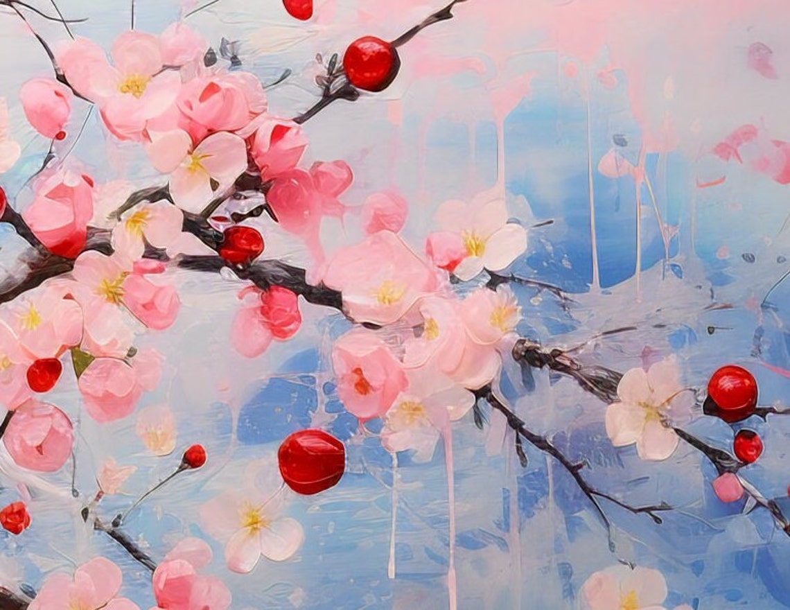 Pink Cherry Blossom Branches Soft Watercolor Floral Art Poster - Image 2