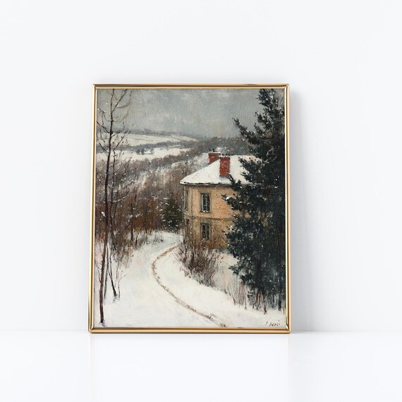 Country Manor Winter Snow Path Moody Oil Painting Decor Poster