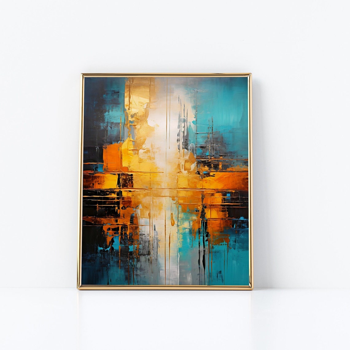 Teal and Amber Abstract Dripping Textured Modern Painting Poster - Image 3