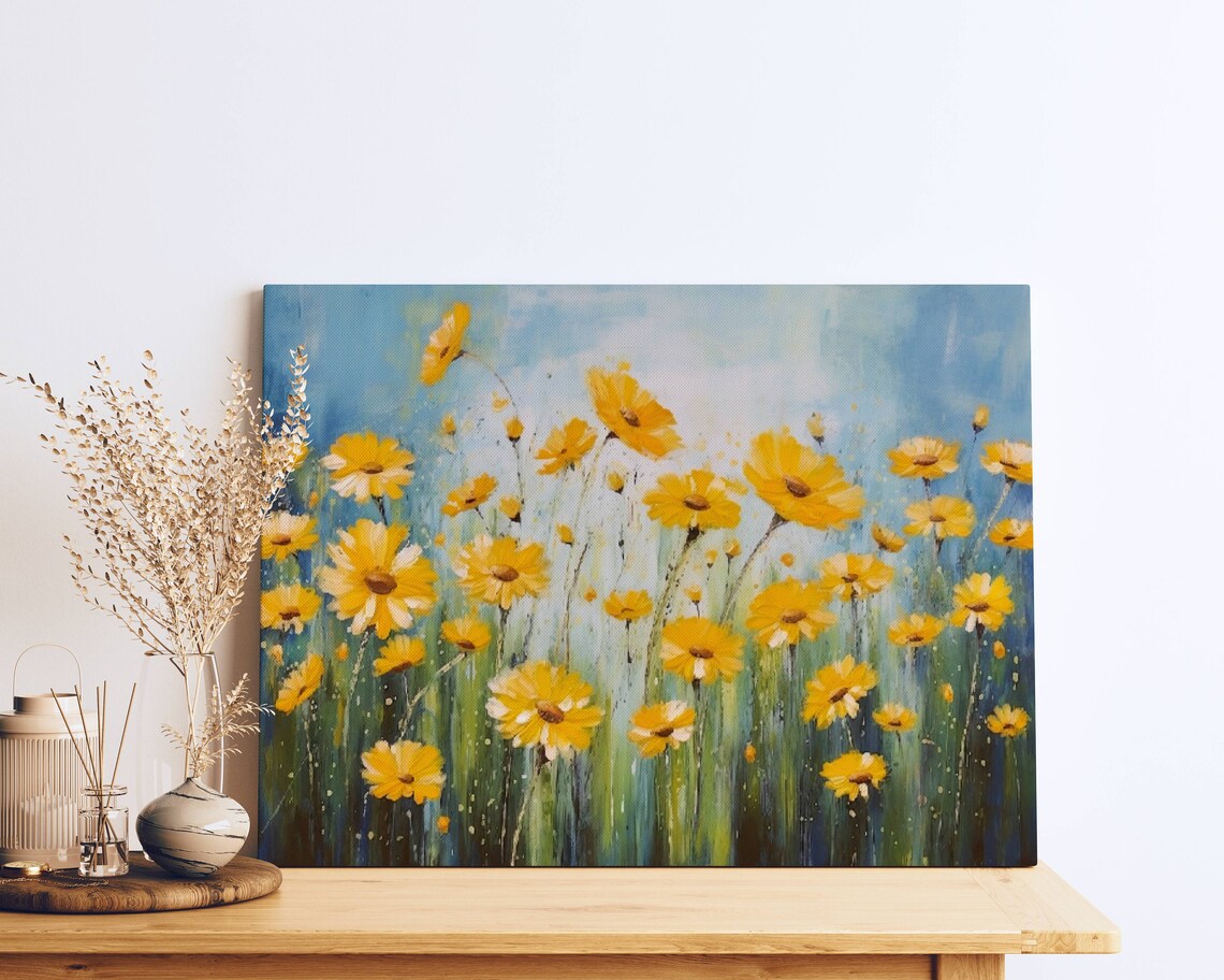 Yellow Daisy Field In Rain Sunlit Blue Sky Floral Painting Poster