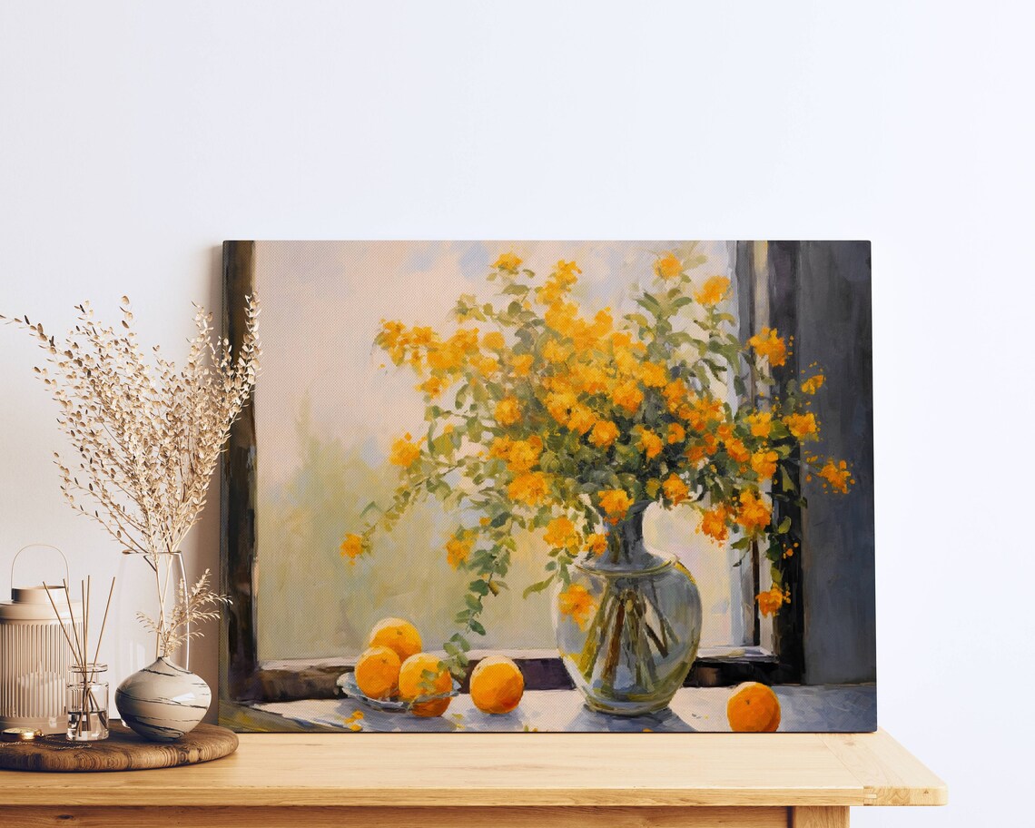 Yellow Blossom Bouquet And Oranges On Sunny Windowsill Art Poster