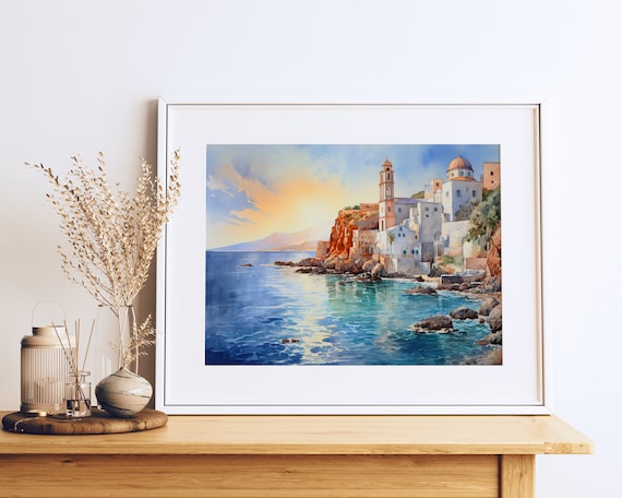 Greek Island Village Watercolor Coastal Church Sunset Poster