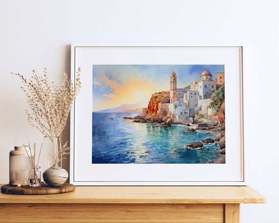 Watercolor Santorini Sunset Painting Greek Coastal Church Mediterranean Sea Art Turquoise Water Wall Decor Wall Art