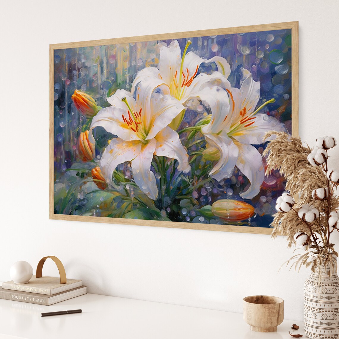 Abstract Flower Painting, Pointillist Lilies Nature Scene - Image 3