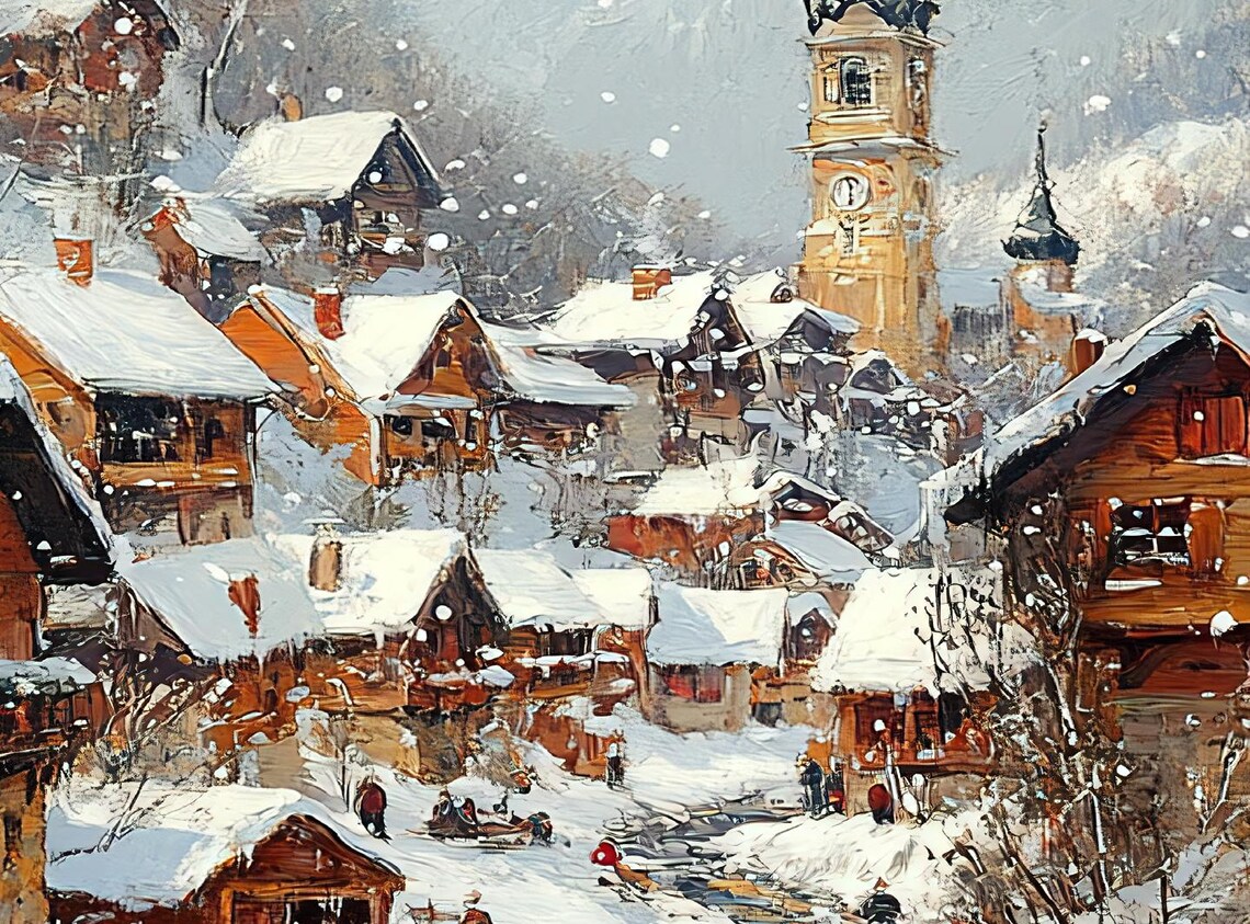 Alpine Village Snowy Winter Chalets Church Mountain Art Poster - Image 3
