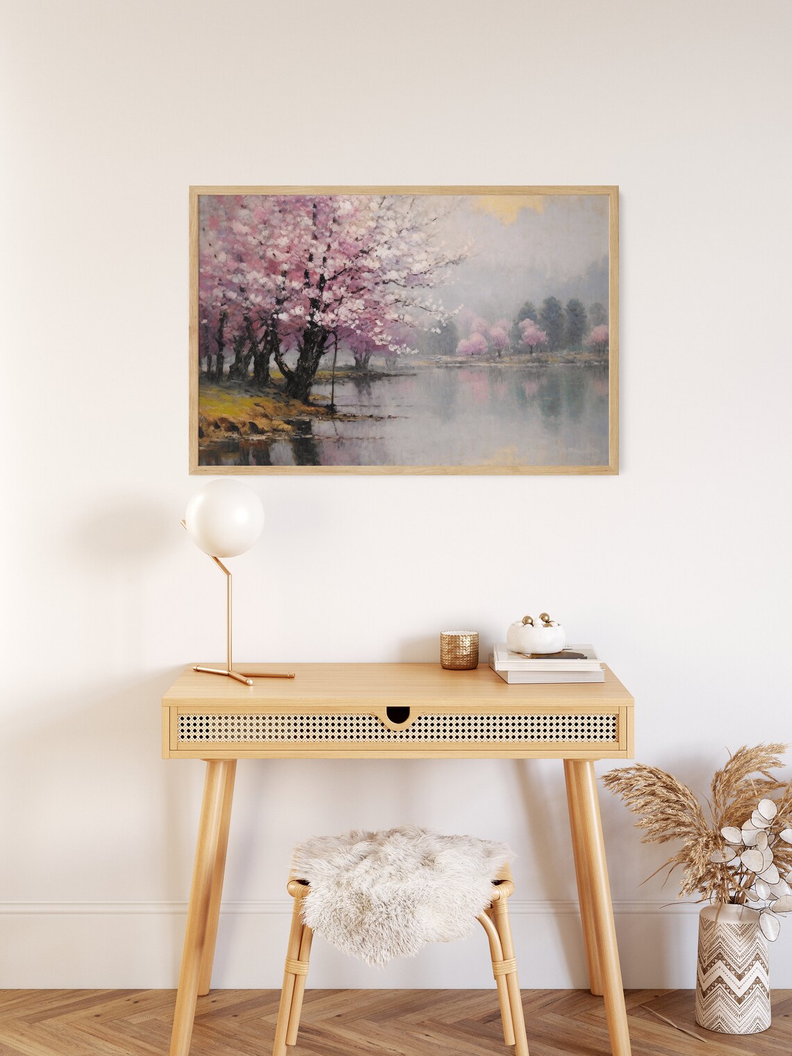 Pink Cherry Blossoms Painting Misty Lake Soft Reflection Poster - Image 2