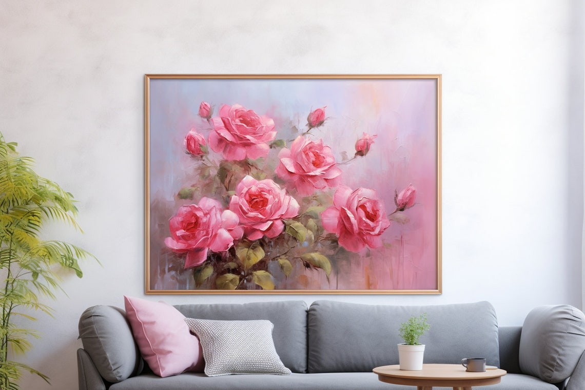 Soft Pink Roses Bloom Romantic Impressionist Floral Oil Poster - Image 2