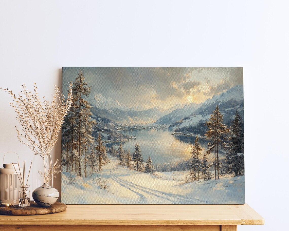 Alpine Lake Winter Sunset Mountain Pines Serene Landscape Poster - Image 2