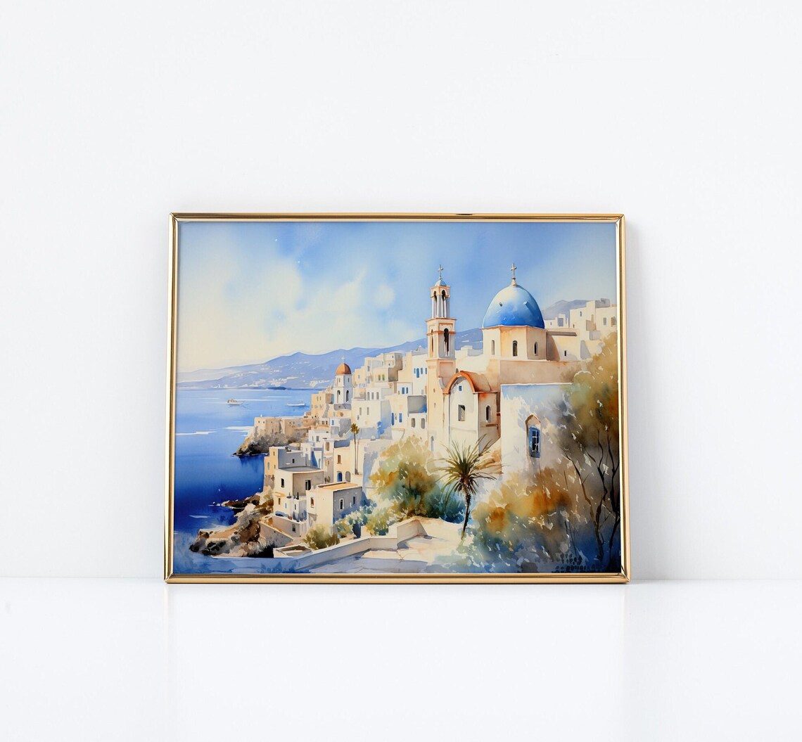 Santorini Greece Blue Dome Church Watercolor Mediterranean Art Poster - Image 3