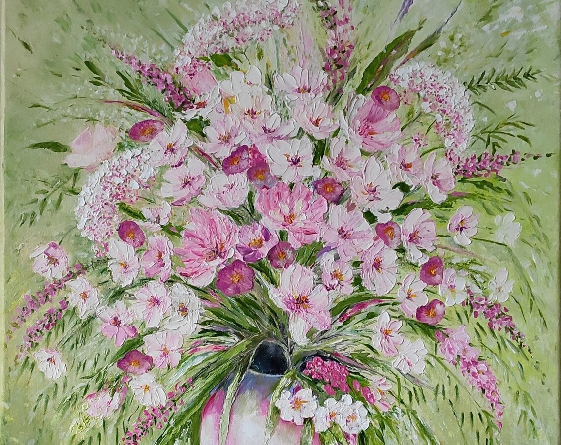 Pink Cosmos Flowers Vase Impressionist Floral Oil Painting Wall Art