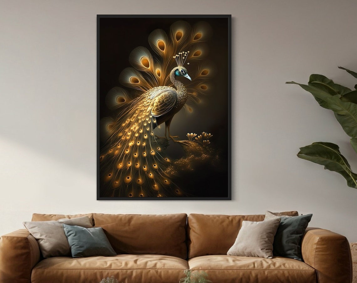 Golden Peacock Fanned Tail Dark Elegant Bird Dramatic Wall Art