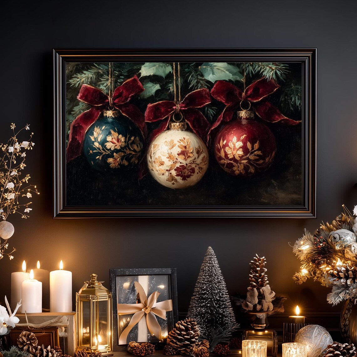 Vintage Christmas Baubles Ornate Ornaments Red Bows Holiday Print