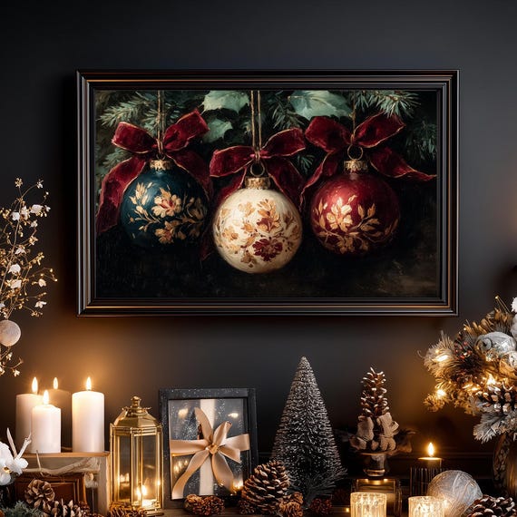 Vintage Christmas Baubles Frame Tv Art Festive Holiday Decor Cosy Ceramic Ornaments For 239