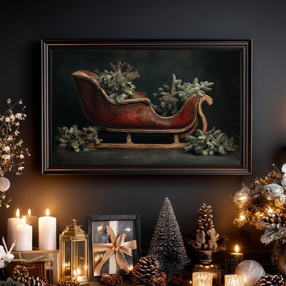 Vintage Red Sleigh Holiday Greens Moody Christmas Tv Art Poster