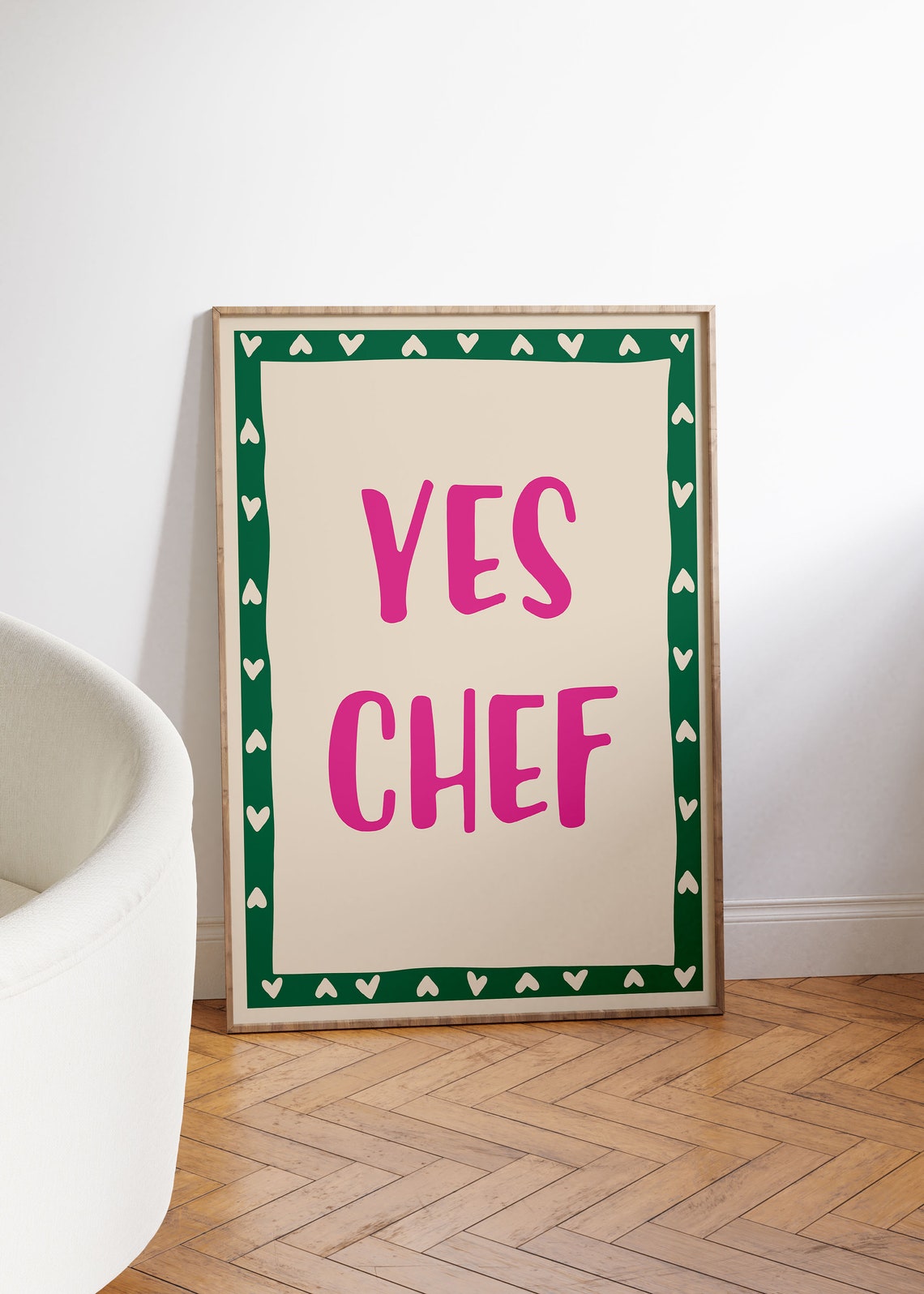 Yes Chef Bold Pink Letters Green Heart Border Kitchen Poster - Image 2
