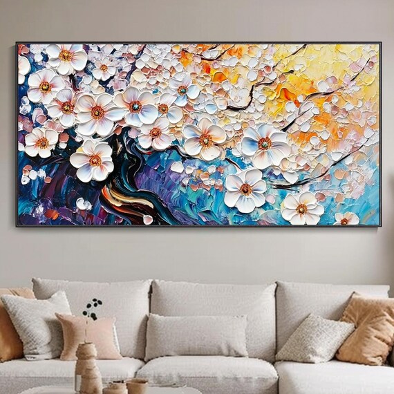 White Blooms 3d Abstract Art Thick Texture Knife Painting Blue Sky Landscape Tree Painting Living Room Decor Natural Scenery Original
