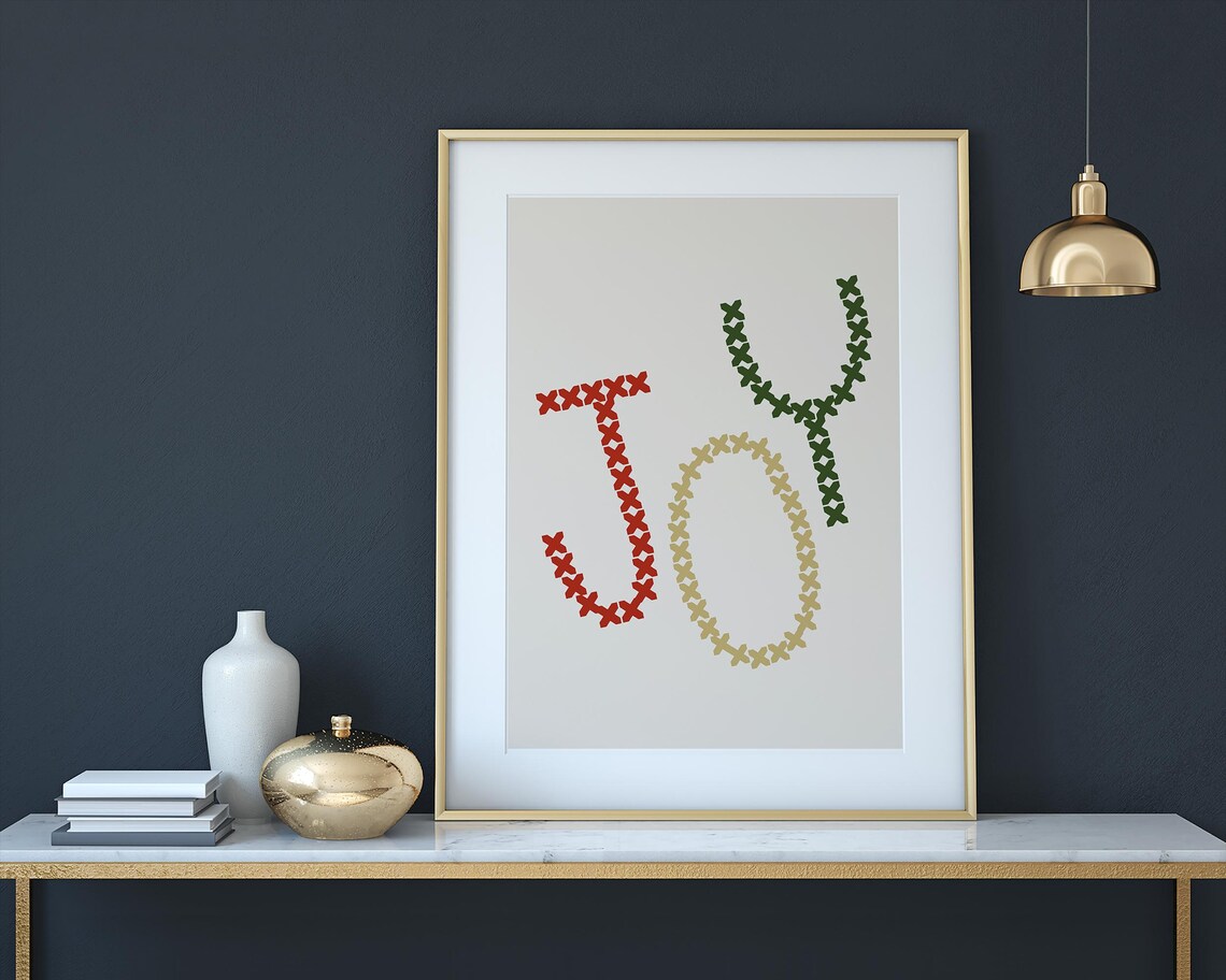 Joy Cross Stitch Letters Cozy Red Gold Green Christmas Wall Art - Image 3