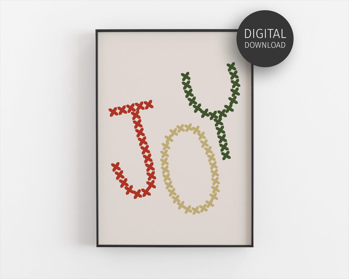 Joy Cross Stitch Letters Cozy Red Gold Green Christmas Wall Art