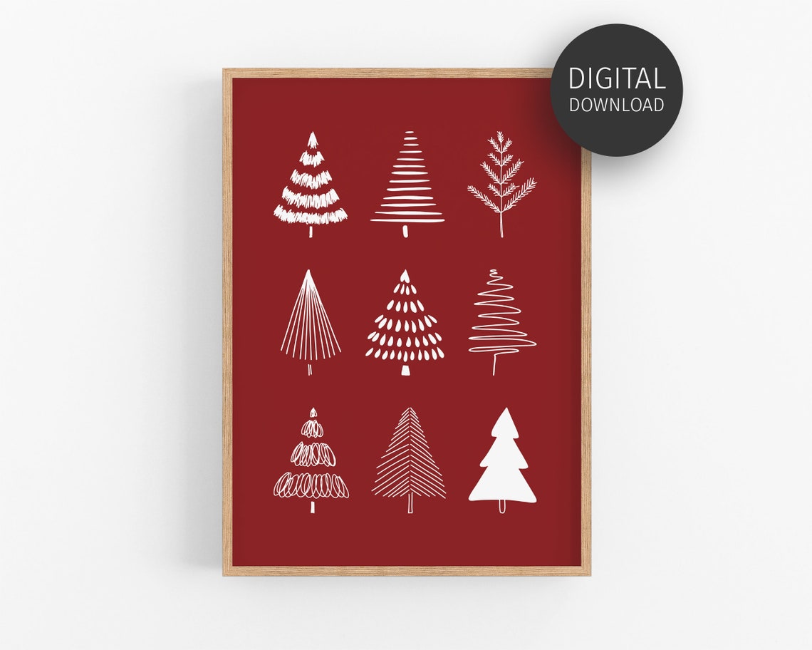 White Line Christmas Trees Red Holiday Minimalist Art Poster - Image 3