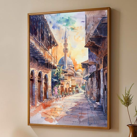 Damascus Old City Wall Art Middle Eastern Street Watercolor Print Ancient Bazaar Landscape Poster Syria Travel Home Decor