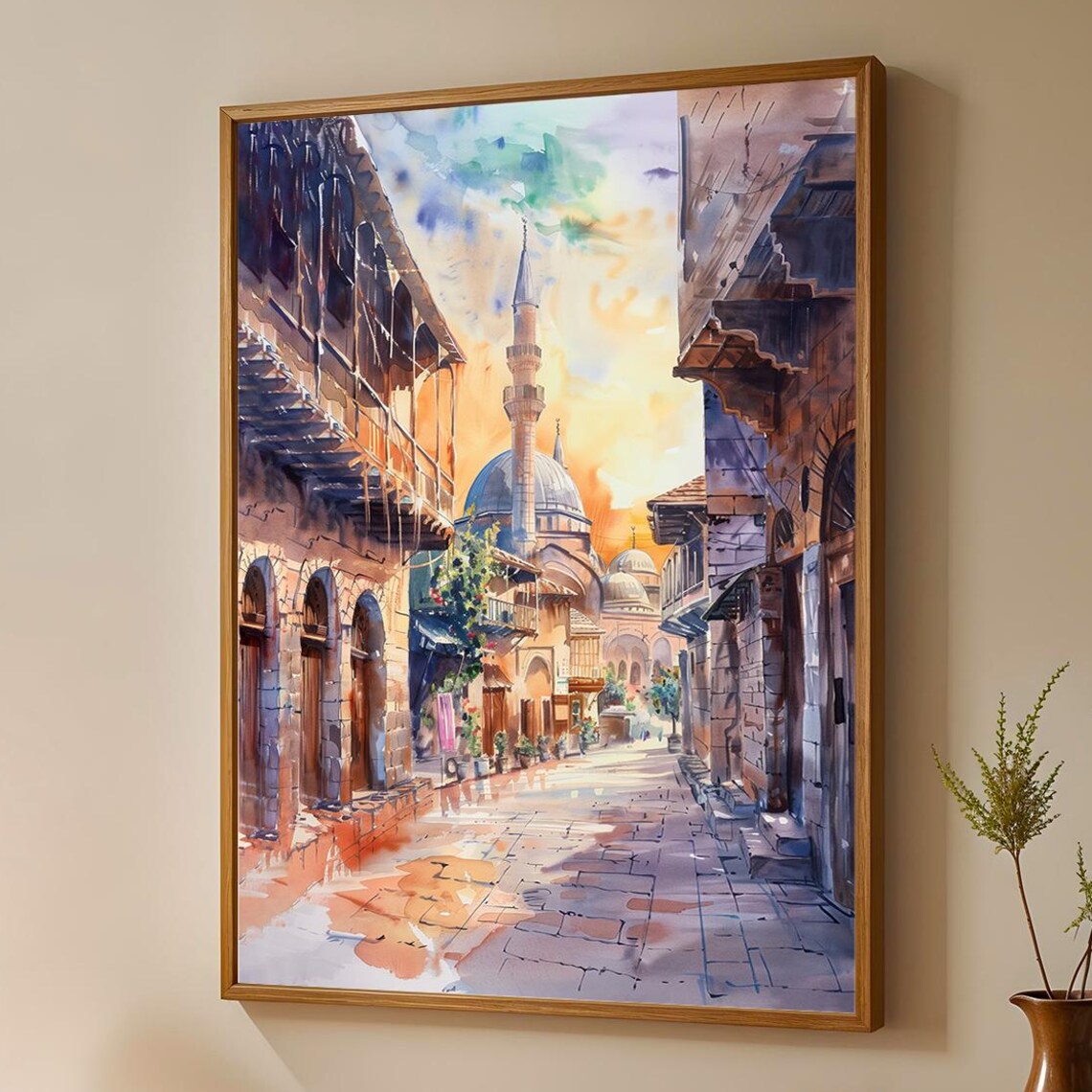Damascus Old City Watercolor Mosque Street Sunset Art Poster