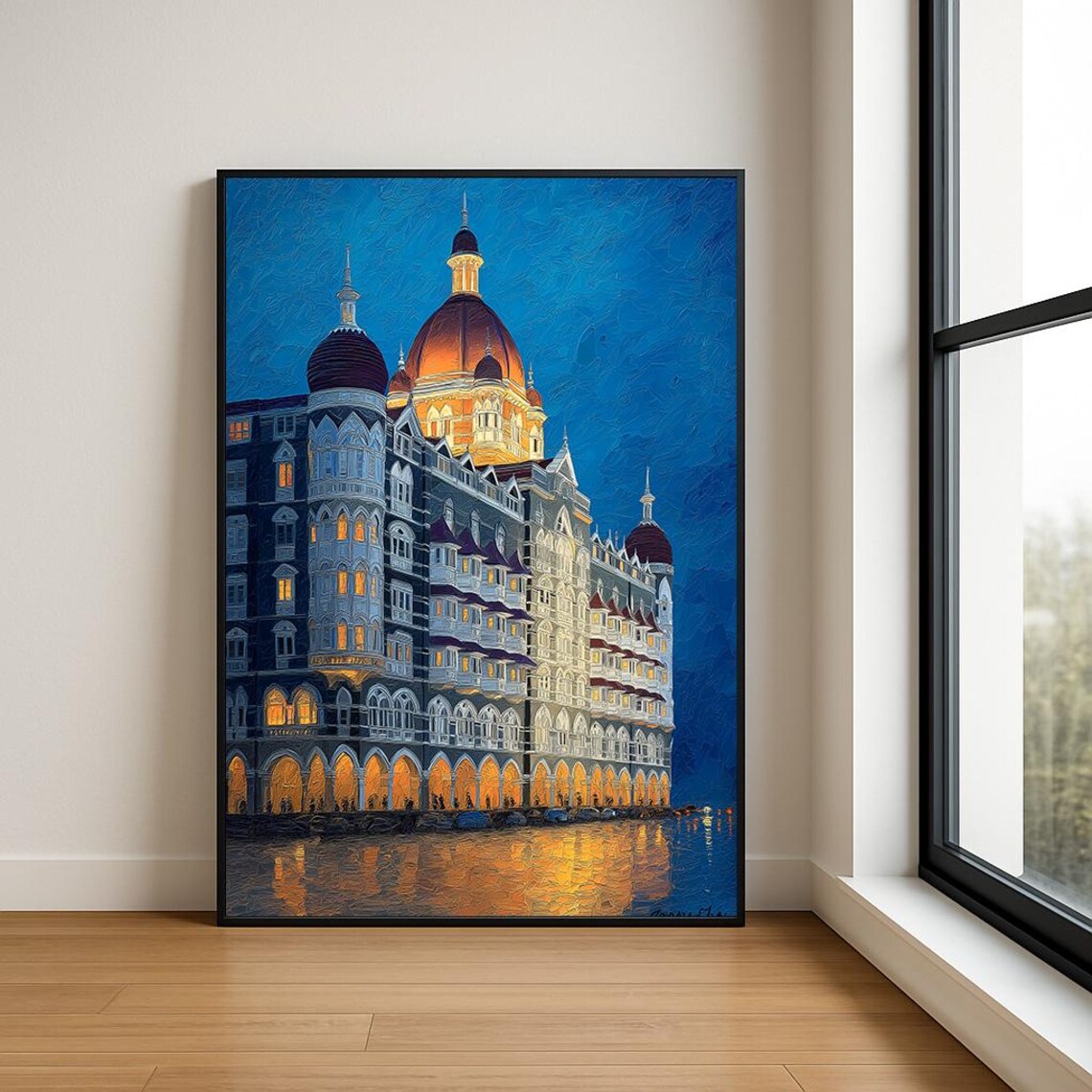 Mumbai Taj Mahal Palace Night Blue Gold Hotel Oil Painting Poster