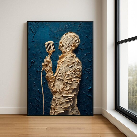 Textured Beige Singer Vintage Microphone Blue Music Art Poster